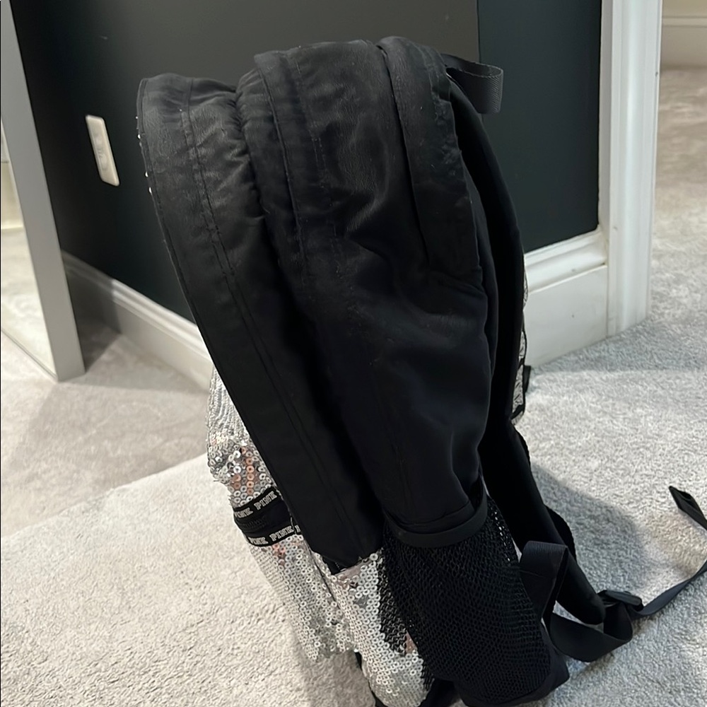 Like New Victoria’s Secret Pink Brand Sequin Silver Backpack - Picture 3 of 10